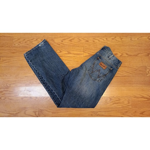 Wrangler Other - Wrangler Retro Slim Straight Mens Blue Denim Jeans Distressed Size 34x36